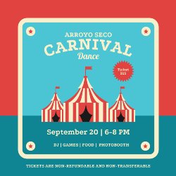 Circus tents. Text: Carnival Dance. Sept 20. 6-8 pm